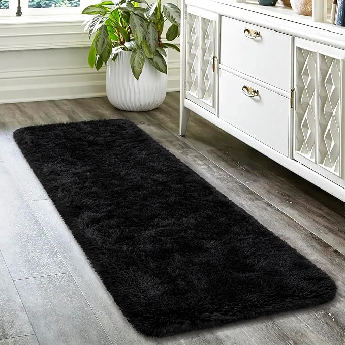 HOMORE Runner Rugs for Bedroom 2x10 Black Rug for Bedroom Bedside Soft Fluffy Area Rugs for Living Room Indoor Entrance Door Mat, Long Runner Rugs and Carpets for Dorm Nursery
