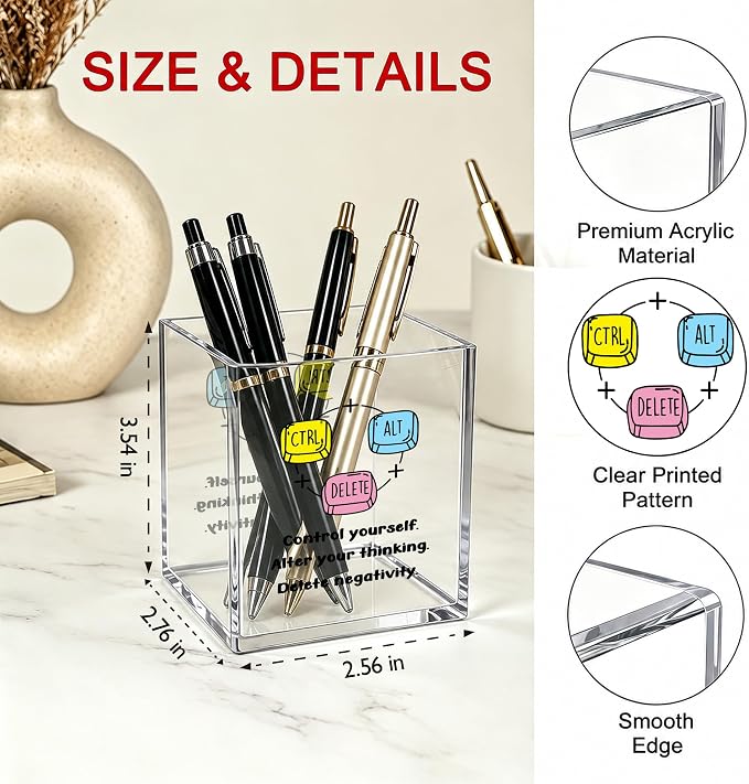 Cute Keyboard Office Acrylic Cosmetic Pen Pencil Holder Cup, Control Yourself Alter Thinking Delete Negativity Pencil Organizer, Funny Desk Accessories, Inspirational Gift Women Men（A12）