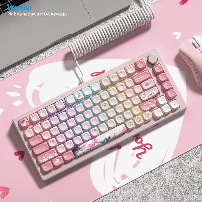 Womier Pink Cute Keycaps Kanagawa, PBT Keycaps for Mechanical Keyboard Dye-Sublimated Sakura Anime Theme, MOA Profile 126-Key Set for 60 65 75 100 Percent Keyboards