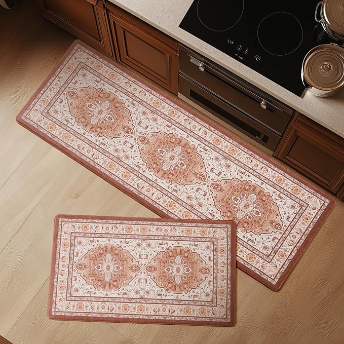 FRESHMINT Medallion Kitchen Mat Set 2 Piece, 17x30''+17x47'', Neutral Clay | Anti-Fatigue, Non Slip, Comfort, Kitchen Decor, Easy to Clean, Waterproof, Perfect for Kitchen, Laundry, Office