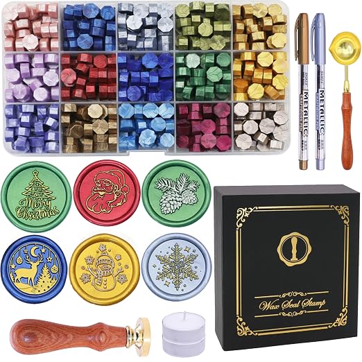 SWANGSA Christmas Wax Seal Stamp Kit with 450pcs Sealing Wax Beads, 2 Pens and Spoon for Christmas, Wedding, Invitations, Cards, Gift, Envelopes