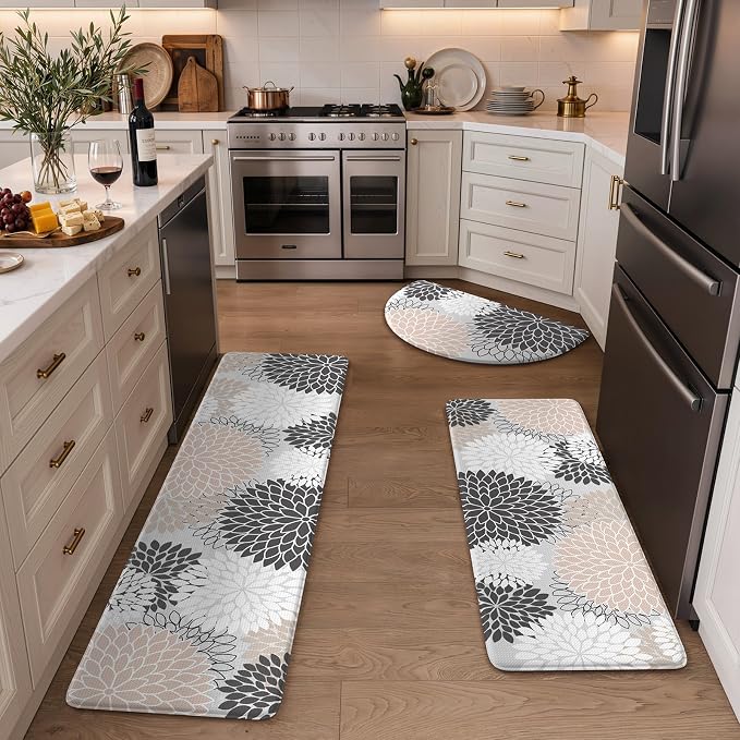KIMODE Half Circle Anti Fatigue Mats for Kitchen Floor Rug Sets of 3 | 18"x28+18"x47"+18"x59",Pink,Dahlia Floral Boho,Half Round,3PCS,Non Slip,Waterproof,for Sink Office Laundry Bathroom Decor