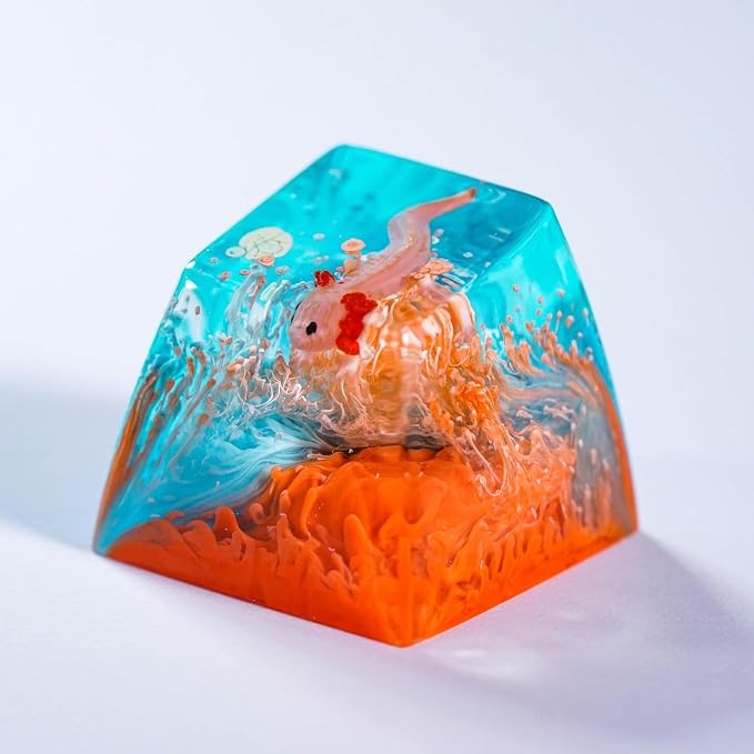 Pink Axolotl Artisan Keycap Orange Blue Ocean - 1U ESC, R1 SA Profile Custom Handmade Resin Cherry MX Switch Key Cap Mechanical Keyboard, Cool Tech Gifts for Men, Dad, Father, Gamer, Axolotl Lover
