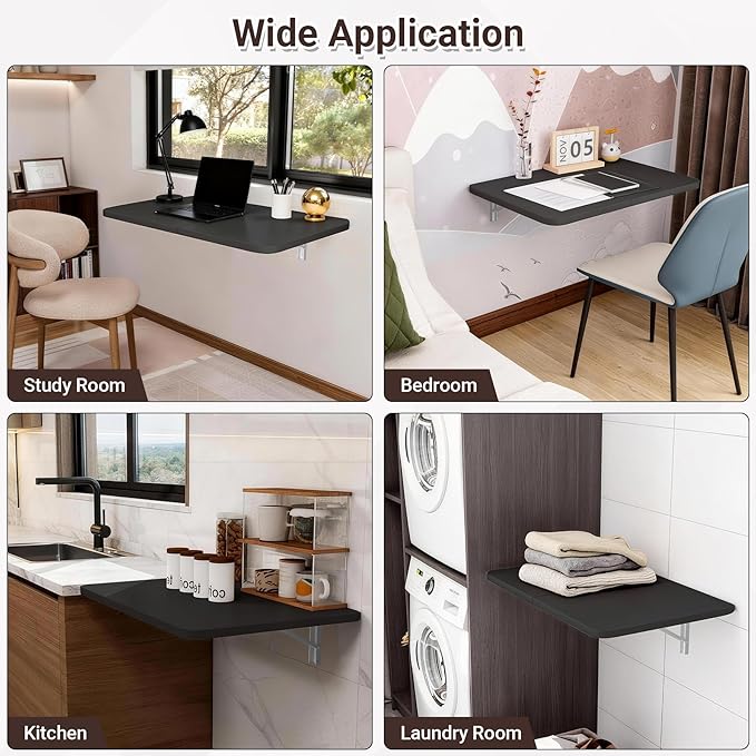 Wall Mounted Folding Desk 23.6” x 15.7”, Drop Down Table with Metal Collapsible Brackets, Folding Wall Table for Small Spaces, Home, Office, Kitchen, Laundry Room-Black