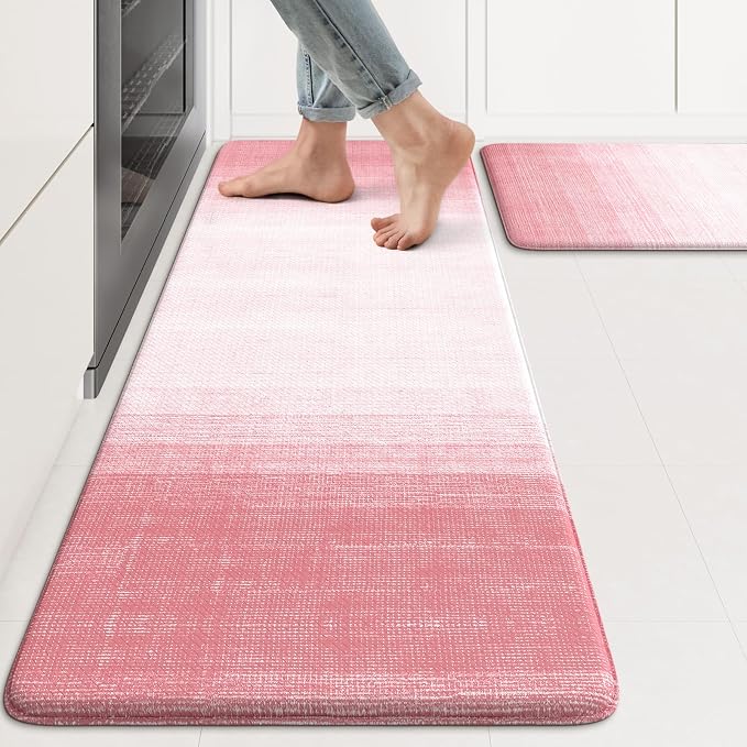 KIMODE Kitchen Anti Fatigue Mats, Boho Farmhouse Kitchen Rugs Sets of 2 | Gradient Pink Memory Foam Kitchen Mats for Floor,Cushioned Rugs for Kithcen Floor Decor Sink Laundry Office 17"x47"+17"x29"