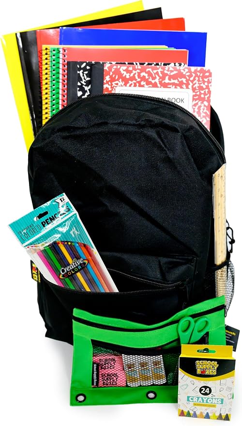 School Supply Boxes | 17" Solid Black Backpack Bundle for Elementary School | Back to School Bookbag with Supplies | Contains Crayons, Colored Pencils, Ruler, Disappearing Glue, Notebook, and More