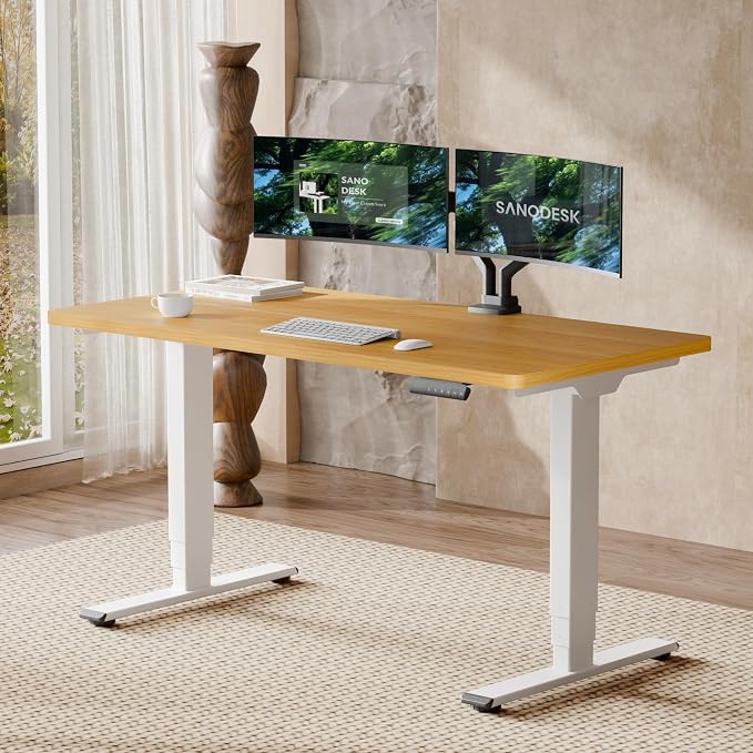 SANODESK Dual Motor Standing Desk 220lbs Height Adjustable Desk | 55"x28" Spacious One-Piece Maple Desktop & White Frame, 4 Memory Presets, 3-Stage Legs, 220lbs, 2-Box for Home & Office