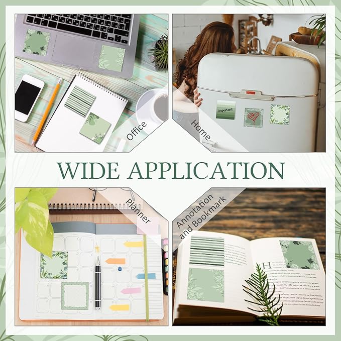 9 Pcs Aesthetic Sticky Notes Cute Pastel Self Stick Notepads Easy to Post Desk Supplies for Home Office Decor School Accessories Women Birthday Coworker Gifts (Green)