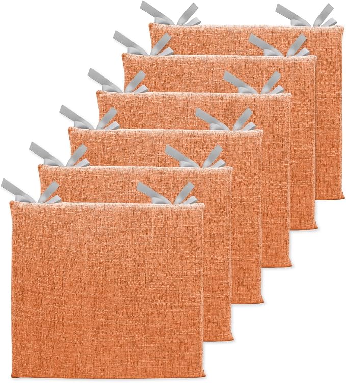 Lifup 6 Pack Chair Cushion Memory Foam Pads, Square Non-Slip Thick Dining Chair Cushions with Ties and Removable Cover for Home Office Restaurant Chair Pads Orange 15 x 14 Inch