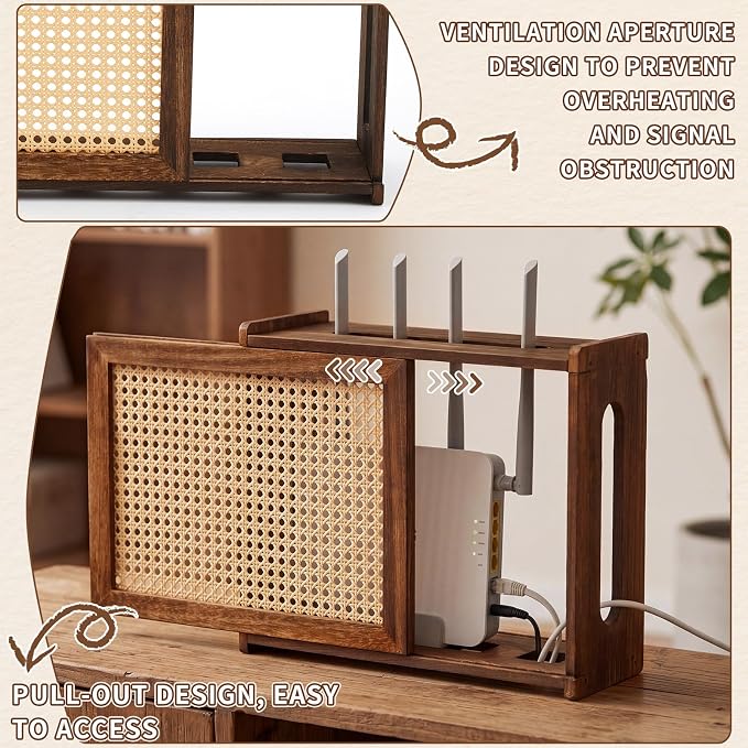 Wi-Fi Router Box Hider, Wi-Fi Router Storage Box with Synthetic Rattan Decor, Modem Cable Cover Organized, Power Strip Cable Hider Rack(Dark Wood Color,15.8 x 5.5 x 13.4 Inches,Wood)