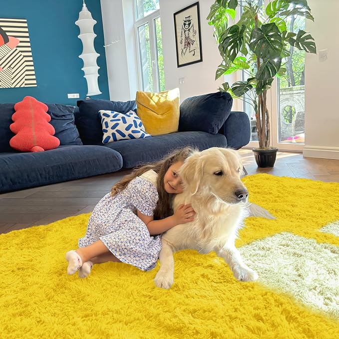 OLANLY 6x9 Machine Washable Large Area Rugs for Living Room, Bedroom, Soft Fluffy Shaggy Bedside Rug, Indoor Floor Carpet for Kids Girls and Boys, Dorms, Nursery, Home Decor Aesthetic, Yellow