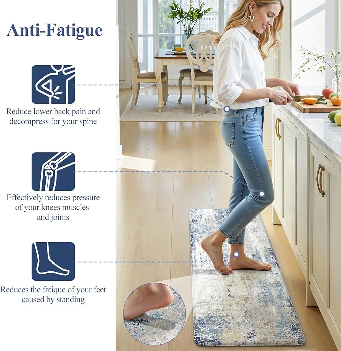 LEEVAN Anti Fatigue Kitchen Mats for Floor, Cushioned Kitchen Mat Set 2PCS | 17.3"x29"+17.3"x47", Modern Abstract Blue Kitchen Rugs Non-Slip, Waterproof Ergonomic Standing Mat for Laundry, Office, Sink