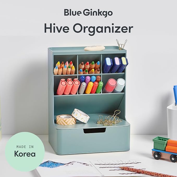 BLUE GINKGO Hive Pen Desk Organizer, Green, Made in Korea | 6 Compartments. Full Drawer. Everyday Storage.
