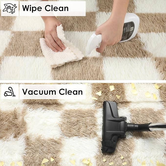 KICMOR Small Beige and Cream White Area Rugs for Bedroom, 2x3 Fluffy Fuzzy Plush Shaggy Checkered Rug, Soft Furry Bedside Rug Small Throw Carpet for Living Room Kids Girls Boys Nursery Home Decor