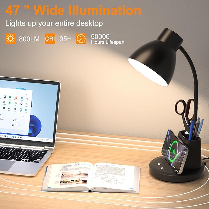 Desk Lamp for Home Office, 10W Wireless Charging, Eye-Caring LED Desk Light, CRI 95+ 3 Color Modes Stepless Dimming Pen Holder, 360° Flexible Arm Desk Lamps for College Dorm, Adapter Included
