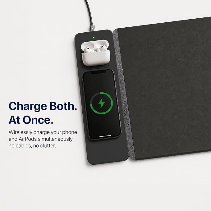 Wireless Charging Desk Mat, Detachable MagSafe & Qi Mouse Pad with Hidden Storage Pocket, 4-in-1 Charges iPhone, Android, AirPods & Wireless Earbuds, Vegan Leather, XL 30.7"x14.6" (Grey)