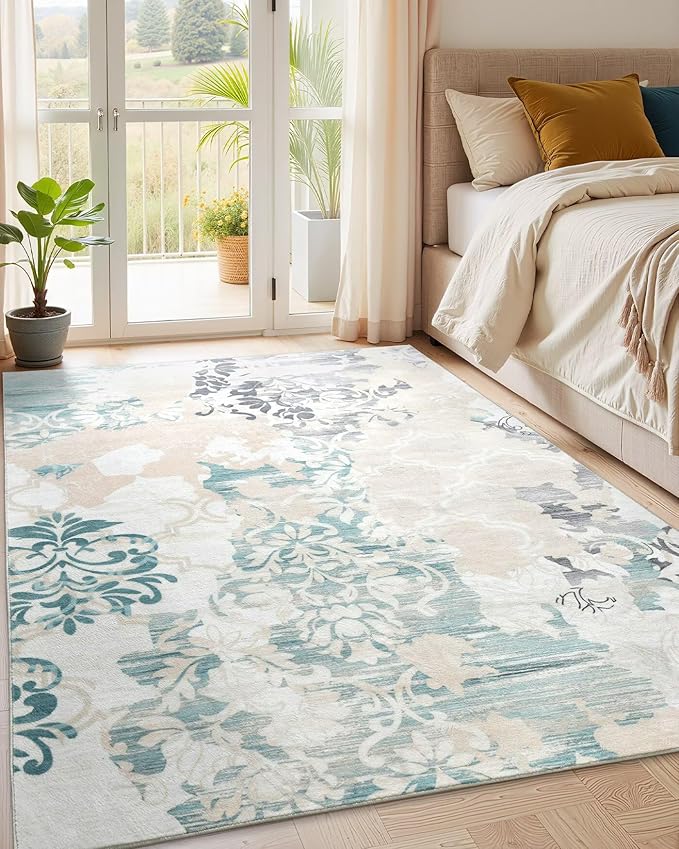 Macgace Washable Abstract Rug, 8x10 Ivory and Aqua Floral Area Rugs with Non-Slip Rubber Backed for Living Room, Low Pile Modern Throw Carpet Bedroom Dining Room Decor