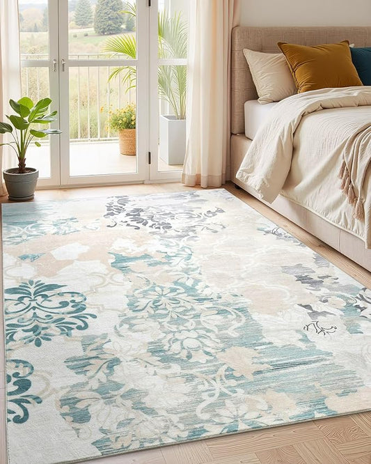 Macgace Washable Abstract Rug, 4x6 Ivory and Aqua Floral Area Rugs with Non-Slip Rubber Backed for Bedroom, Low Pile Modern Throw Carpet Kitchen Living Room Decor