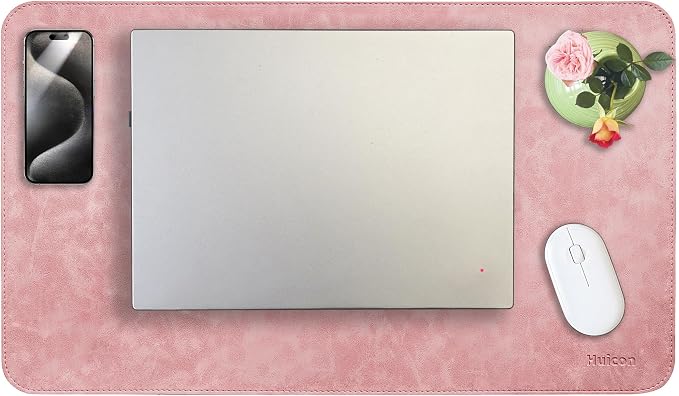 Soft Anti-Curl Faux PU Desk Mat 23.6"x13.8", Waterproof Heat Safe Non-Slip Vintage Desk Pad, Stitched Edge Wipeable Tear Resistant Desktop Protector for Work from Home Office (Pink)