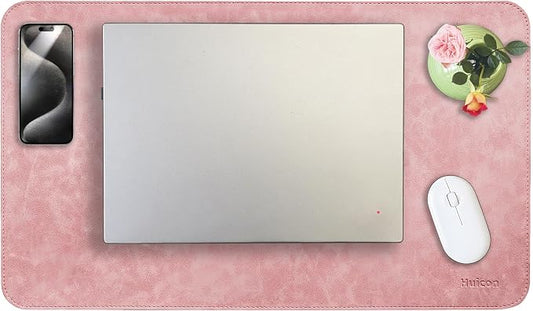 Soft Anti-Curl Faux PU Desk Mat 23.6"x13.8", Waterproof Heat Safe Non-Slip Vintage Desk Pad, Stitched Edge Wipeable Tear Resistant Desktop Protector for Work from Home Office (Pink)