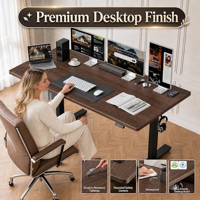 Grandder 55x32 Large Electric Standing Desk, Height Adjustable Computer Desk with 2 Memory Presets, 31.5" Deep Desktop Sit Stand Desk Home Office Desk Workstation Table with Hooks, Walnut