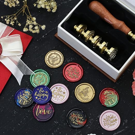 SWANGSA Phrases Wax Seal Stamp Set, Vintage 6 Pcs Sealing Wax Stamp Heads and 1 Wooden Handle for Wedding, Party Invitations, Letters, Envelopes, Christmas