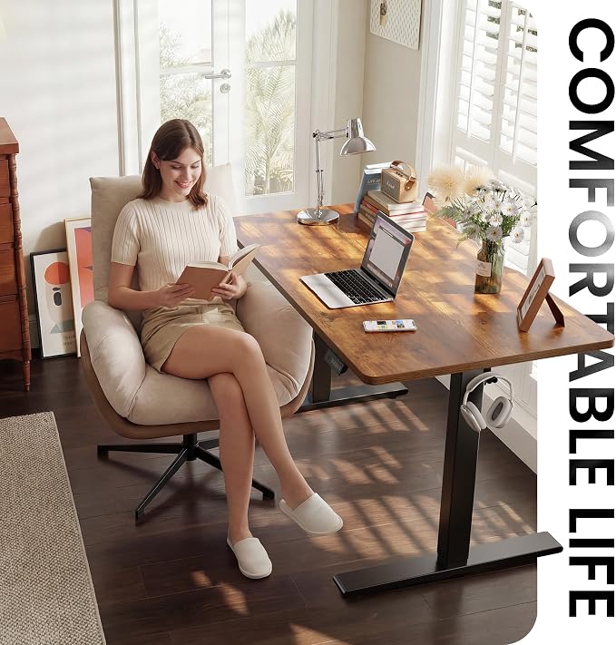 CubiCubi Electric Standing Desk 48 x 24 Inch, Height Adjustable Sit Stand Desk with Memory Presets, Splice Desktop Computer Desk for Home Office, Black Frame/Vintage Brown Top