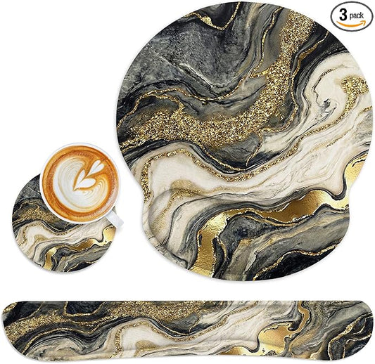 Britimes Marble Abstract Black Gold Glitter Ergonomic Mouse Pad Set with Wrist Rest Non-Slip Rubber Base Wrist Cushion Support and Coasters Mousepad with Wrist Support for Computer Keyboard and Desk