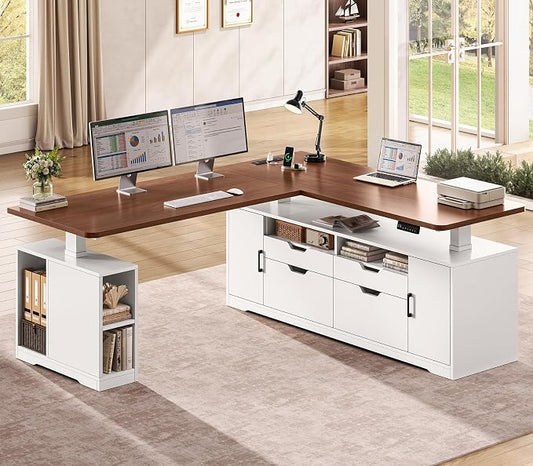 SEDETA Modern L Shaped Electric Standing Desk, 69" x 55" Height Adjustable Office Executive Desk with 4 Drawers and Storage Shelves, Sit Stand Computer Desk with Power Outlet, White + Brown