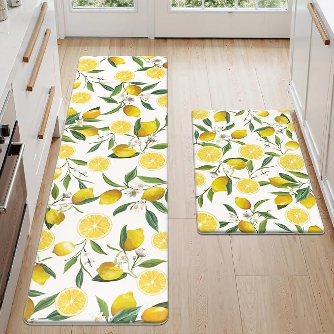 SHACOS Anti Fatigue Lemon Kitchen Mats for Floor 2 Pieces Set, Non Slip Cushioned Kitchen Rugs Set Standing Desk Mats and Runner Wipeable Waterproof Floor Mat for Home Office, 17"x27.5"+17"x59", White