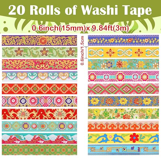 20 Rolls Gold Foil Floral Washi Tape Set Vintage Chinoiserie Decorative Tape Exotic Arts Masking Tapes for DIY Crafts Scrapbooking Bullet Journaling Planner Gift Wrapping