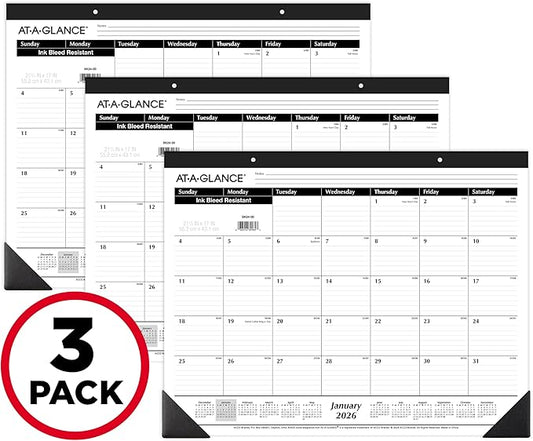 AT-A-GLANCE 2026 Desk Calendar, Desk Pad, Monthly, 21-3/4" x 17", Large, Ruled Blocks, 3 Pack (AZSK240026), White