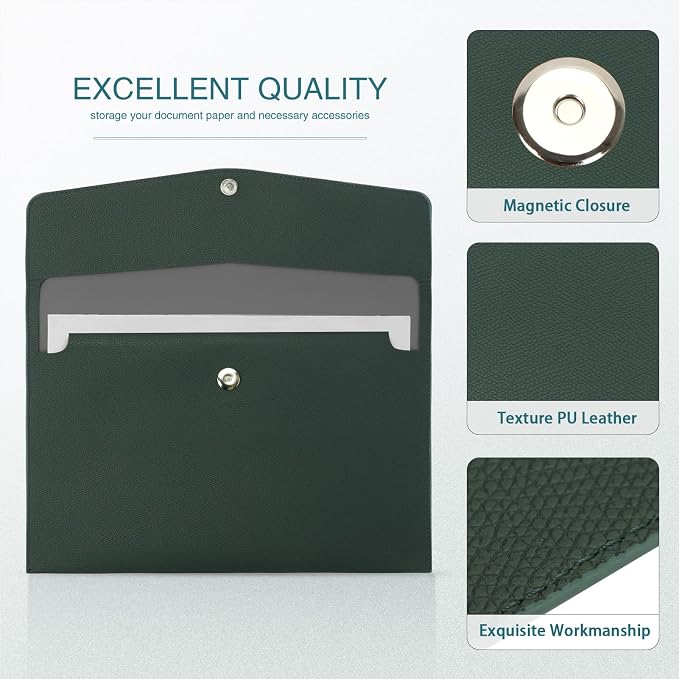 FYY File Folder, PU Leather A4 Document Holder File Organizer Filing Envelope Portfolio Case Tablet Sleeve with Magnetic Snap Closure for Home School Office Stationery Green