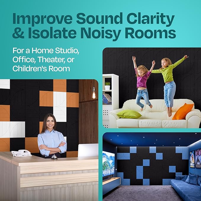 Acoustic Panels 12-Pack Soundproof Wall Panels 12"x12"x0.4" Decorative Sound Dampening for Your Home, Office, Studio, Bedroom & More with Unique ModuArc Carving [Deep Black]