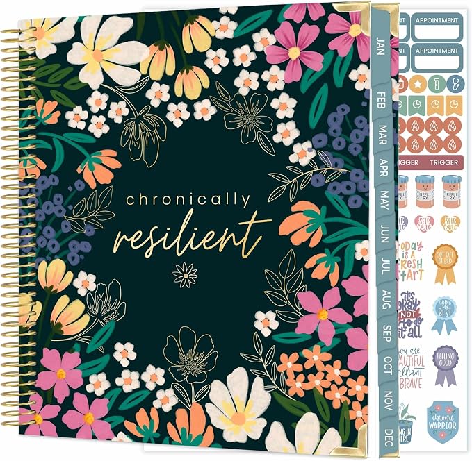bloom daily planners Undated Chronic Illness Planner & Medical Journal - 12 Month Pain & Symptom Tracker, Mood & Medication Log, Appointment Organizer (7” x 9”) - Chronically Resilient
