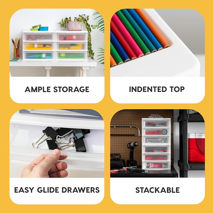 IRIS USA 3-Drawer Medium Stacking Desktop Organizer, White | Organize office supplies, stationery, makeup, craft materials and everyday essentials for neat desktop storage
