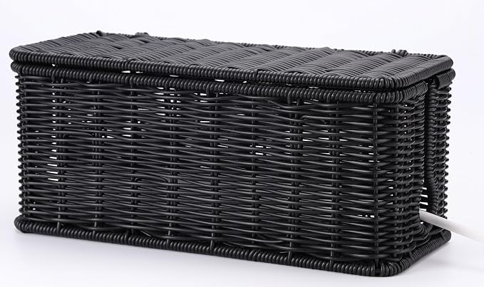 ZhiYo Rattan Cable Management Box, Black Cord Organizer, 12.5" x 5" x 5.2" | Handwoven black imitation rattan cord hider box conceals power strips and cables for a clean desk or floor setup