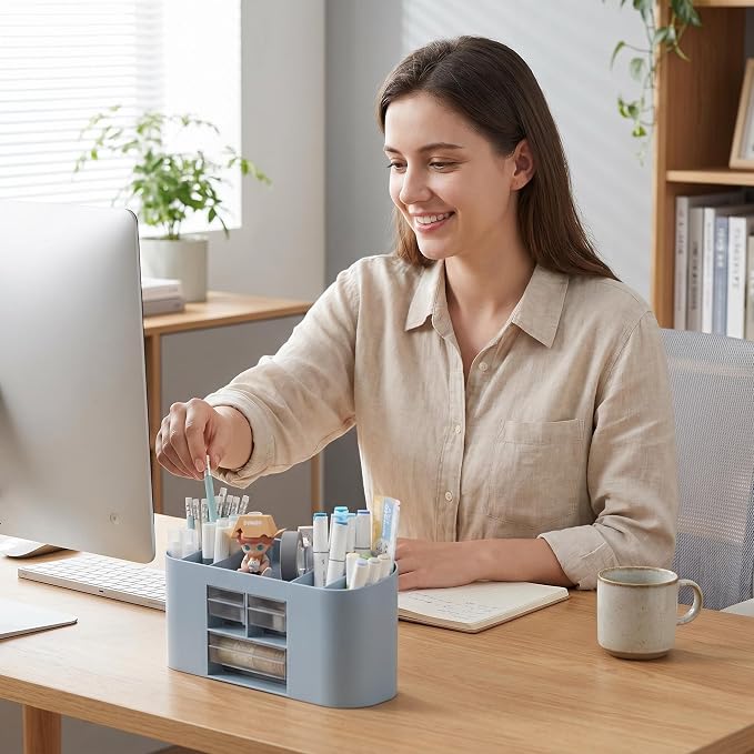School Supplies Organizer with Drawers, Pen Holder, Blue | Student desk organizer with removable dividers and clear drawers for pens, markers, art tools and school supplies.