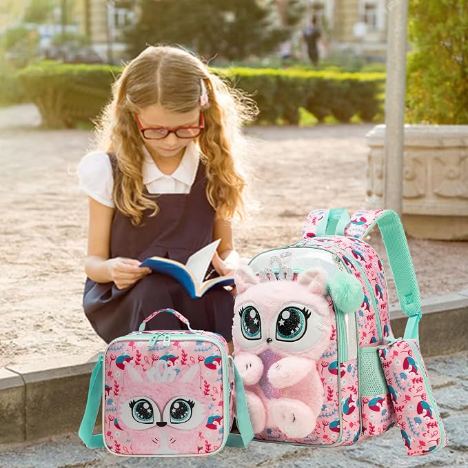 Meetbelify Kids Backpacks for Girls School Backpack with Lunch Bag Pencil Case for Elementary Student 3D Cute Carton Plush Kids Travel School Bag for Girls Ages 6-8 Years Old Pink