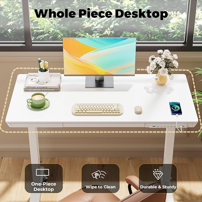 Electric Standing Desk with Drawer, 40" x 20" Whole Piece Tabletop Samll Sit Stand Desk, Height Adjustable Desk with Storage & USB Ports, Quick Install Home Office Computer Desk, White