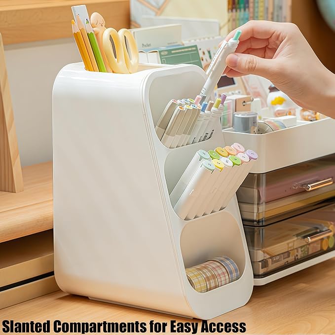 Desk Organizer with Pen Pencil Holder, Pen Organizer with 2 Drawers & 4 Compartments, Desktop Organizers and Storage for Office Home School Art Supplies (White)