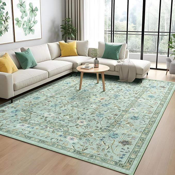 Vasofe 6x9 Area Rug for Living Room, Washable Rugs for Bedroom Room, Dining Room, Vintage Floral Indoor Non Slip Carpet Farmhouse Light Green Throw Carpets Soft Low Pile Mat for Classroom Playroom