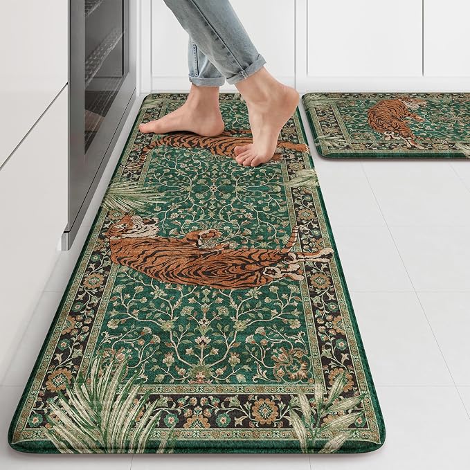 KIMODE Anti Fatigue Mats for Kitchen Floor 17"x47"+17"x29", Cushioned Tiger Kitchen Rugs Sets of 2, Padded Kitchen Floor Mats Non Slip, Comfort Standing Mats for Laundry Office Sink Desk Green