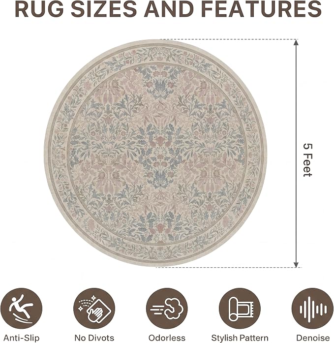 Office Chair Mat for Hardwood Tile Floor, Under Desk Carpet Protector for Rolling Computer Chair Mat, Round Washable Rugs 5ft Circle Area Rug, Anti-Slip 1/5" Thick Low Pile Thin Floor Mat, Beige Pink