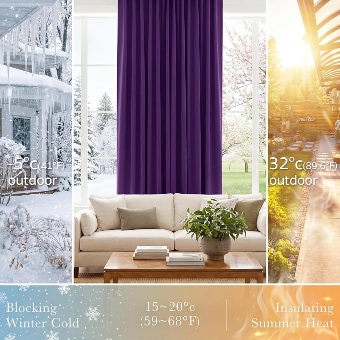 PONY DANCE Purple Blackout Curtains for Bedroom 2 Panels Set, Dark Purple Room Decor, Thermal Insulated Solid Back Tab Window Drapes for Living Room, W 42 x L 45 inch