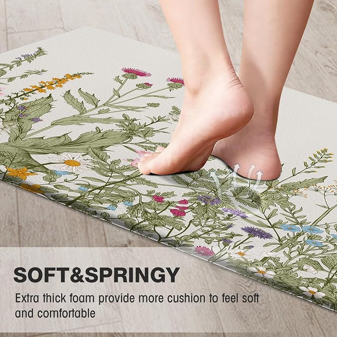 MAYHMYO Kitchen Rug Anti Fatigue Kitchen Mat Cushioned Colorful Floral Plants Cute Vintage Kitchen Rugs Non Skid Waterproof Kitchen Rugs and Mats for Floor Laundry Standing Desk Sink