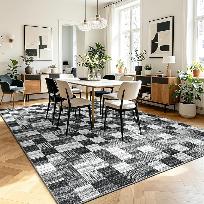 Terrug Black and White Checkered Rug for Living Room, 5x7 Area Rugs Washable with Non Slip for Bedroom, Soft Low Pile Stain Resistance Abstract Carpet for Dinning Room