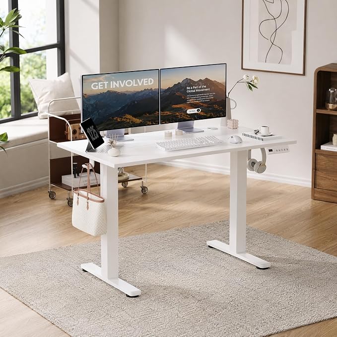 Claiks 55 x 24 Inch White Electric Standing Desk | Adjustable Height, Sit Stand, 3 Memory Presets, Cable Management, Spacious Ergonomic, Home Office & Bedroom