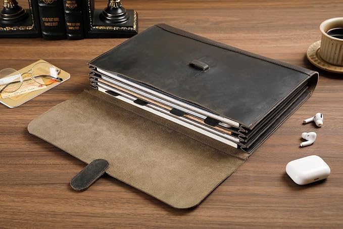 Genuine Leather File Folder, Accordian File Organizer, Leather Document Holder Resume Folio for Men & Women - Grey