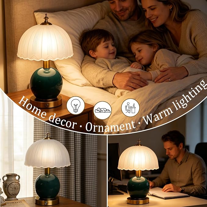 Living Room Vintage Ceramic lamp,12 inch Modern Rechargeable Touch Light, Stepless Light Adjustment Desk Lamp, Classic Chinese Style Emerald Green